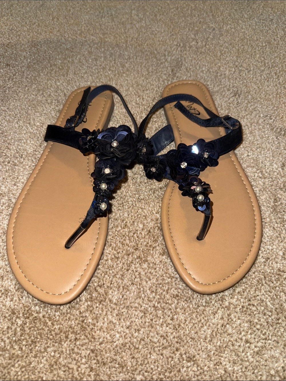 Women’s Navy Floral Embellished T-Strap Sandals